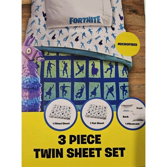 Fortnite 3 Piece Twin Sheet Set Fitted Flat And Pillowcase Blue Polyester - Picture 5 of 7